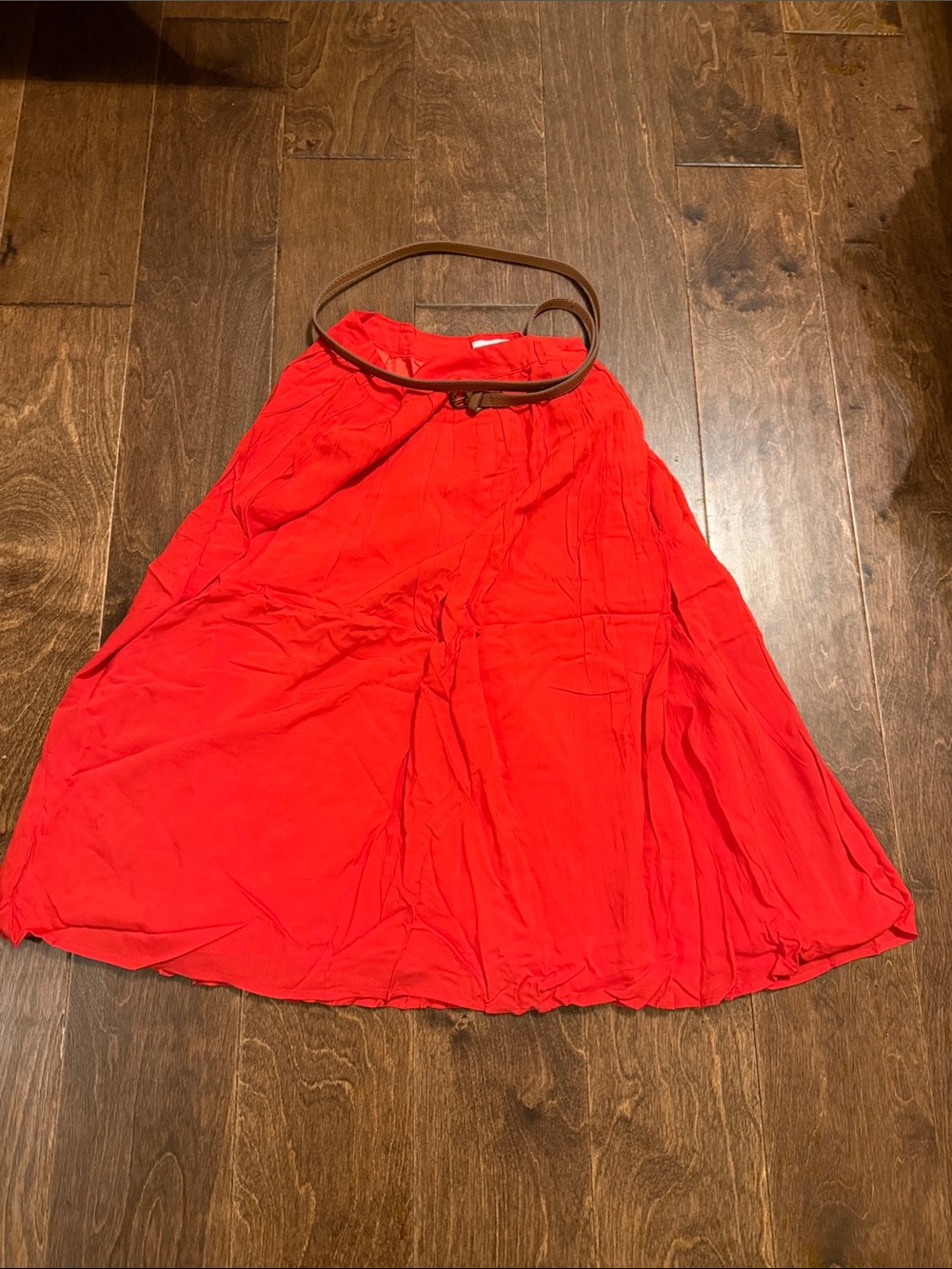 Bright Red A-Line Midi Skirt with Belt Loop Waist